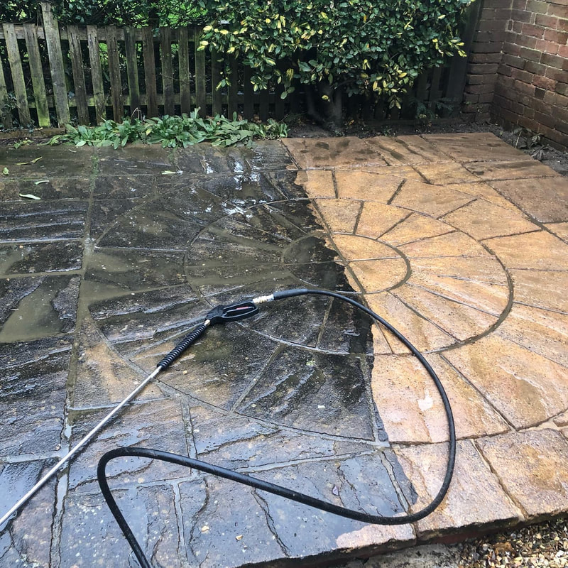 Picture of Patio showing before and after professional cleaning job